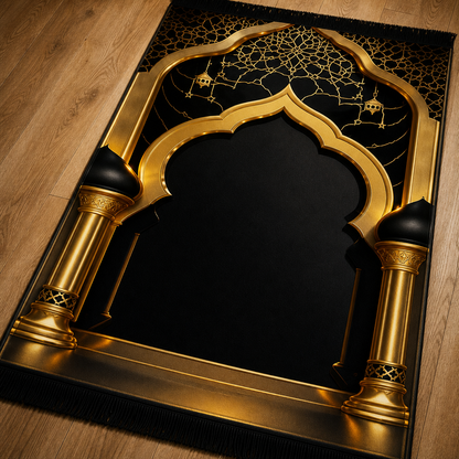 Altın Sütun Mihrab Siyah Seccade | Lüks Kadife Namaz Halısı