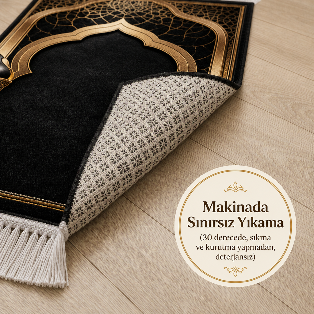 Sultan Mihrab Siyah Seccade | Lüks Kadife Namaz Halısı