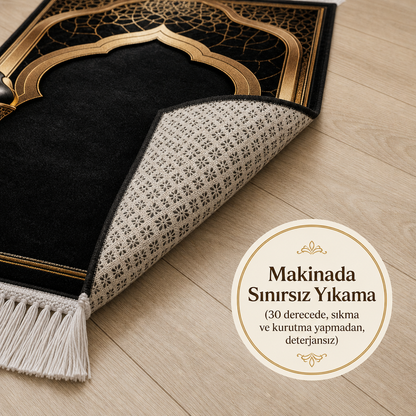 Sultan Mihrab Siyah Seccade | Lüks Kadife Namaz Halısı