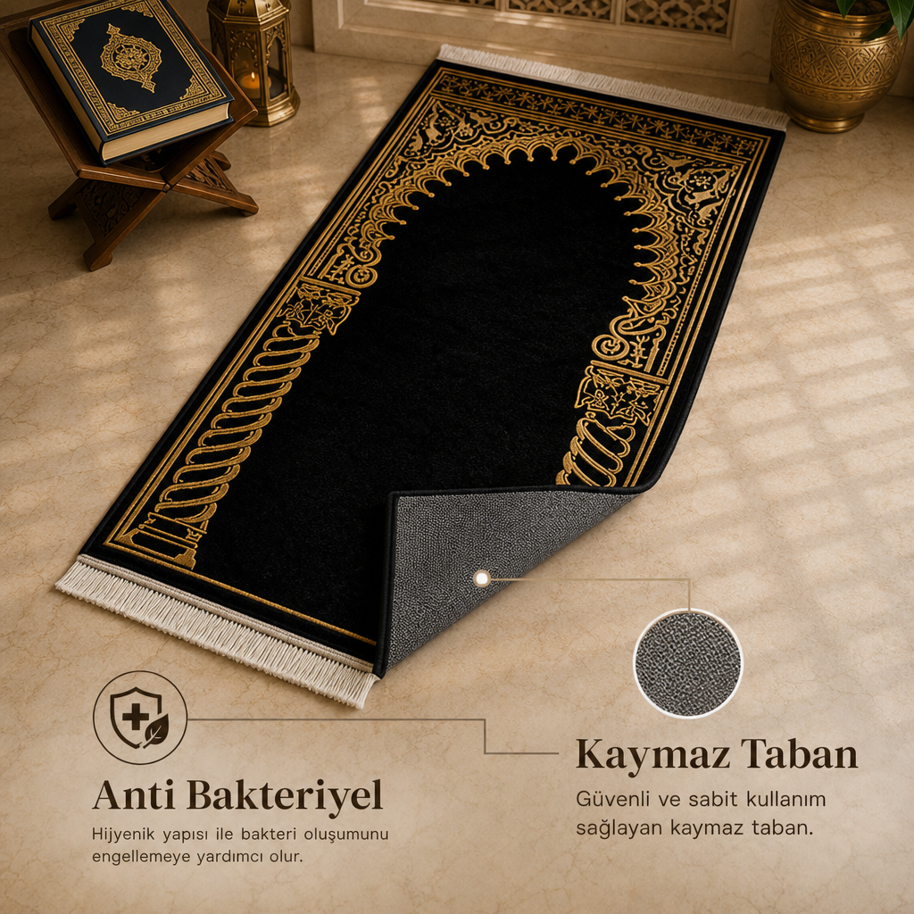 Burma Sütun Mihrab Siyah Seccade | Lüks Kadife Namaz Halısı