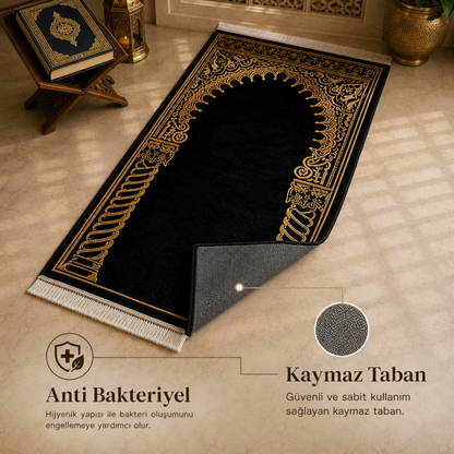 Burma Sütun Mihrab Siyah Seccade | Lüks Kadife Namaz Halısı