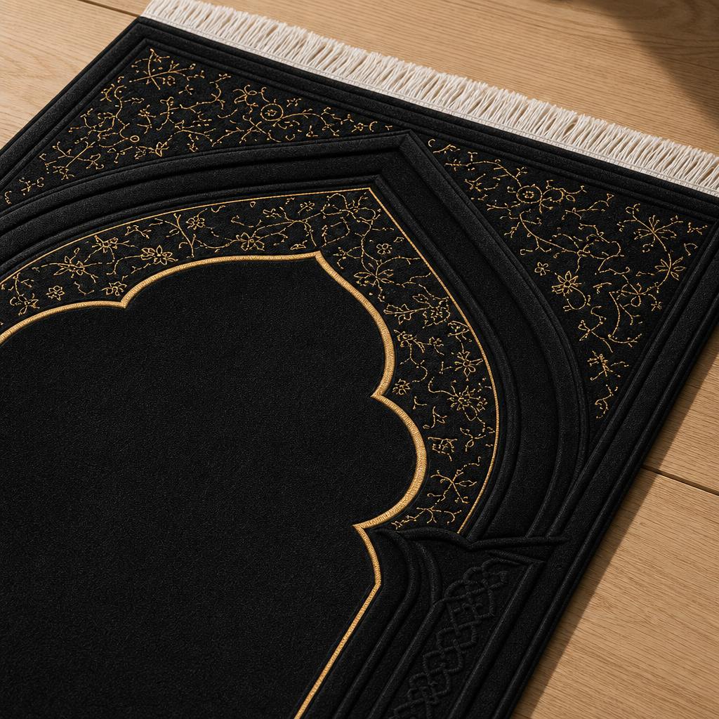 Onyx Mihrab Siyah Seccade | Lüks Kadife Namaz Halısı