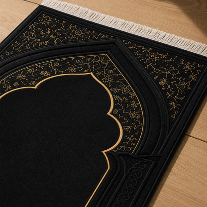 Onyx Mihrab Siyah Seccade | Lüks Kadife Namaz Halısı