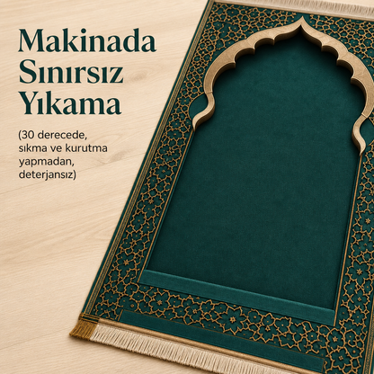 Girih Mihrab Yeşil Seccade | Lüks Kadife Namaz Halısı