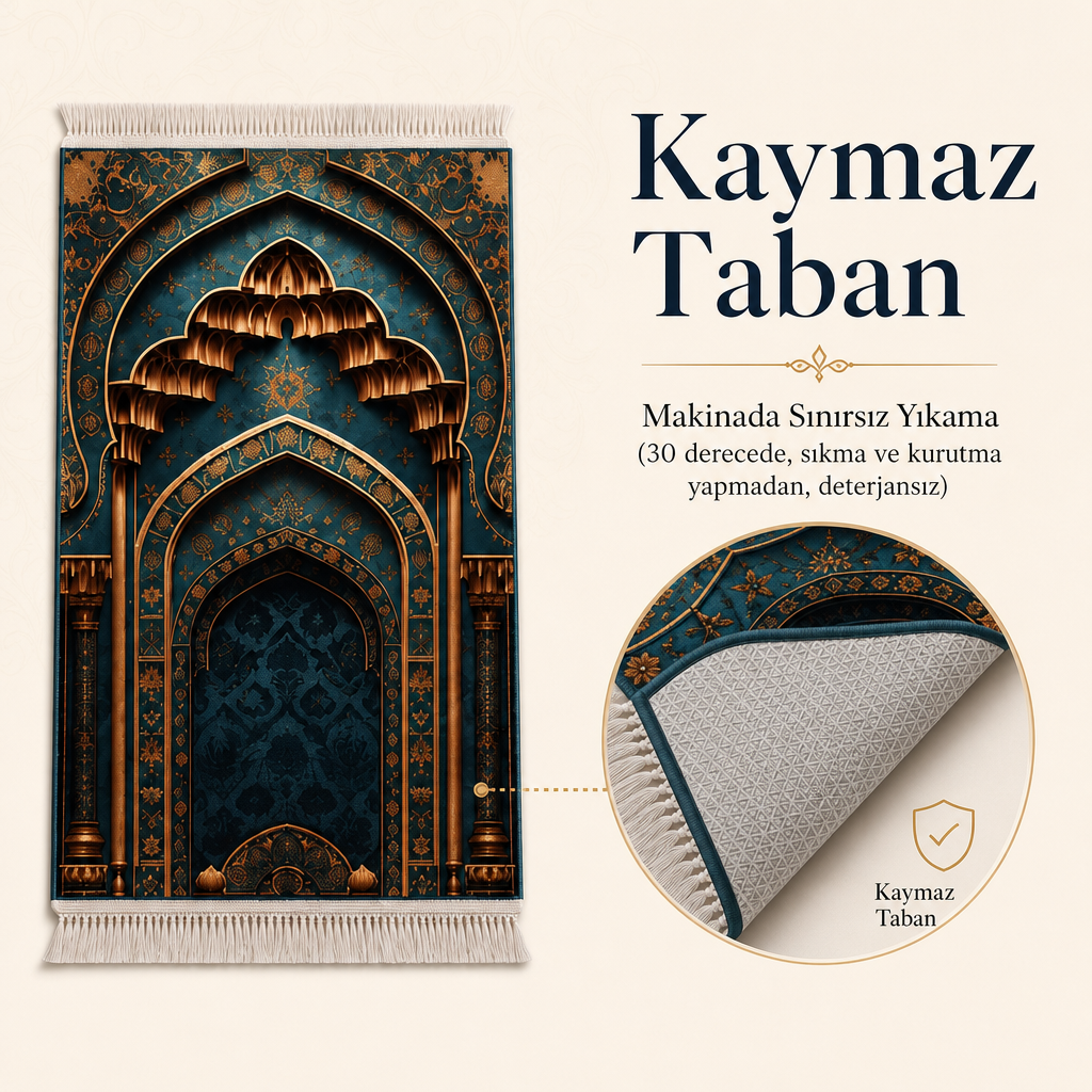 Petrol Mihrab Seccade | Dijital Baskılı Lüks Namaz Halısı