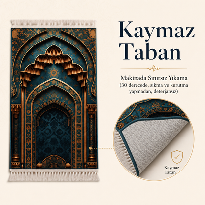 Petrol Mihrab Seccade | Dijital Baskılı Lüks Namaz Halısı