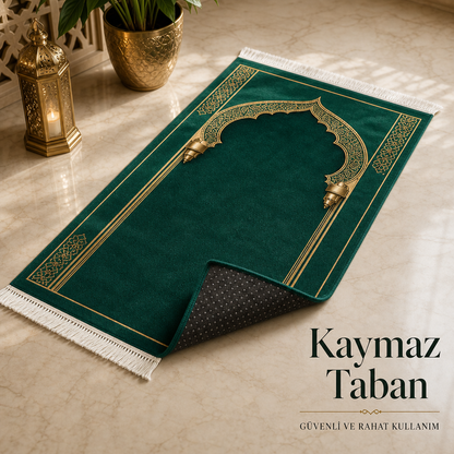 Zümrüt Mihrab Yeşil Seccade | Lüks Kadife Namaz Halısı