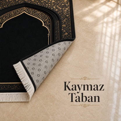 Vakar Mihrab Siyah Seccade | Lüks Kadife Namaz Halısı
