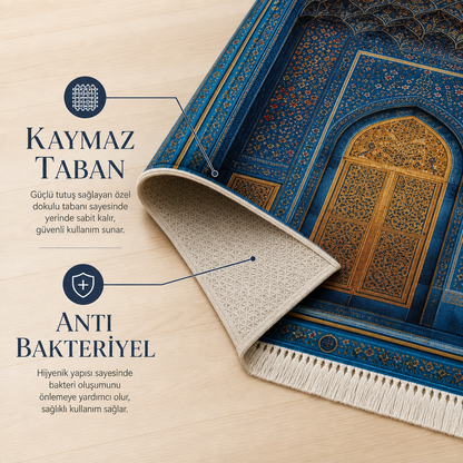 Çini Mihrab Mavi 3D Seccade | Dijital Baskılı Lüks Namaz Halısı