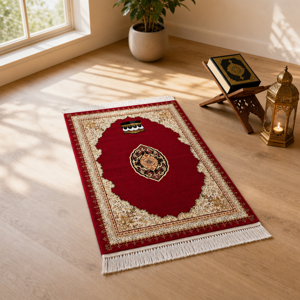 Kâbe Motifli Kırmızı Seccade | Dijital Baskılı Klasik Namaz Halısı