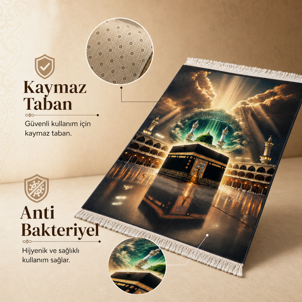 Kâbe ve Ravza Nur Manzaralı 3D Seccade | Dijital Baskılı Namaz Halısı