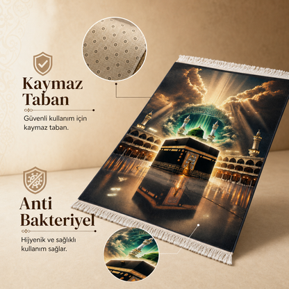 Kâbe ve Ravza Nur Manzaralı 3D Seccade | Dijital Baskılı Namaz Halısı