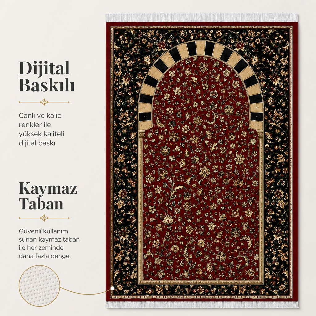 Bordo Çayır Mihrab Seccade | Dijital Baskılı Klasik Namaz Halısı