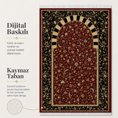 Bordo Çayır Mihrab Seccade | Dijital Baskılı Klasik Namaz Halısı