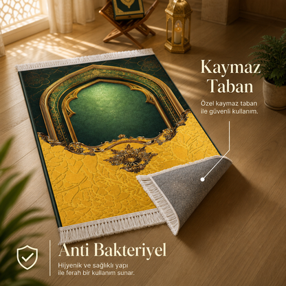 Amber Mihrab Yeşil Sarı Seccade | Lüks Kadife Namaz Halısı