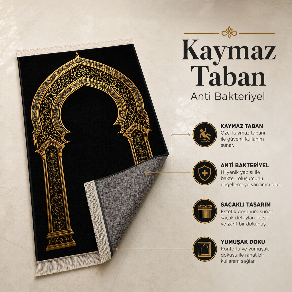Dantel Mihrab Siyah Seccade | Lüks Kadife Namaz Halısı