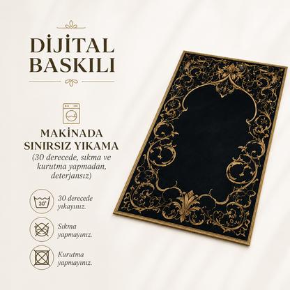 Altın Rumi Lacivert Seccade | Lüks Kadife Namaz Halısı