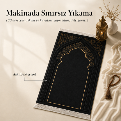 Onyx Mihrab Siyah Seccade | Lüks Kadife Namaz Halısı