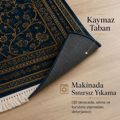 Hatai Mihrab Lacivert Seccade | Lüks Kadife Namaz Halısı