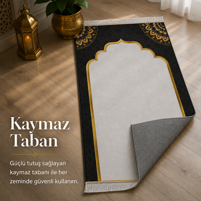 İnci Mihrab Siyah Seccade | Lüks Kadife Namaz Halısı