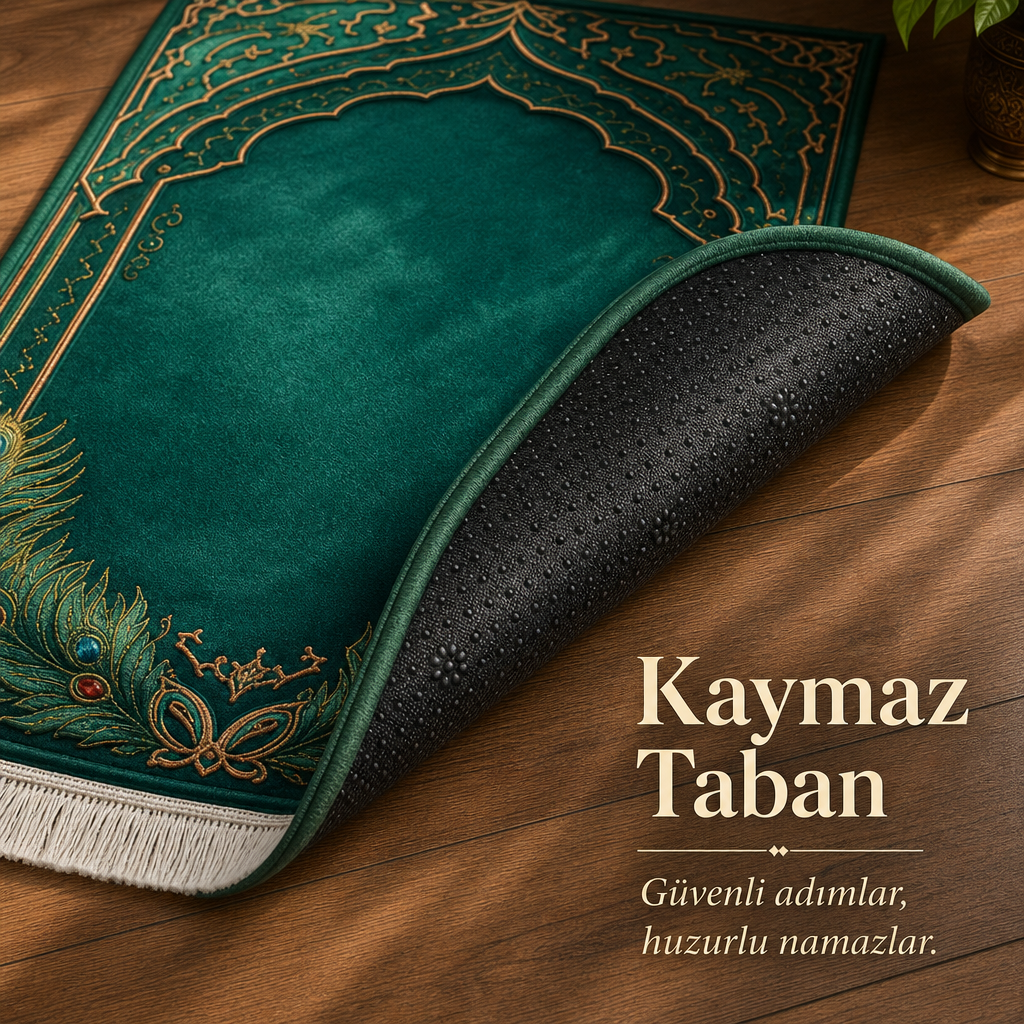 Tavus Mihrab Yeşil Seccade | Lüks Kadife Namaz Halısı
