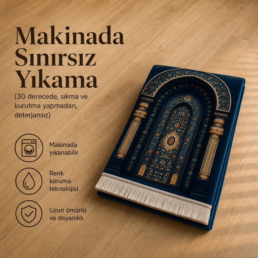 Yıldız Mihrab Lacivert 3D Seccade | Dijital Baskılı Namaz Halısı