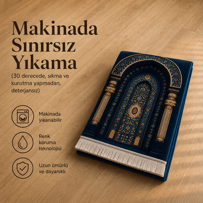 Yıldız Mihrab Lacivert 3D Seccade | Dijital Baskılı Namaz Halısı