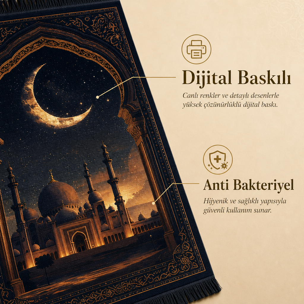 Hilal Cami Manzaralı 3D Seccade | Dijital Baskılı Namaz Halısı