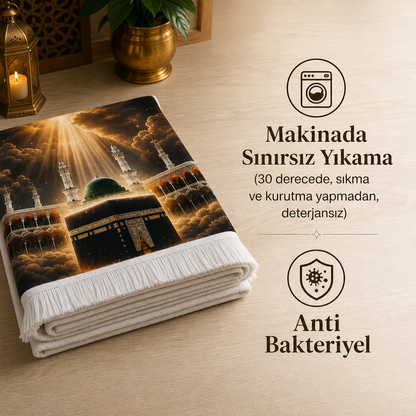 Kâbe ve Ravza Manzaralı 3D Seccade | Dijital Baskılı Namaz Halısı