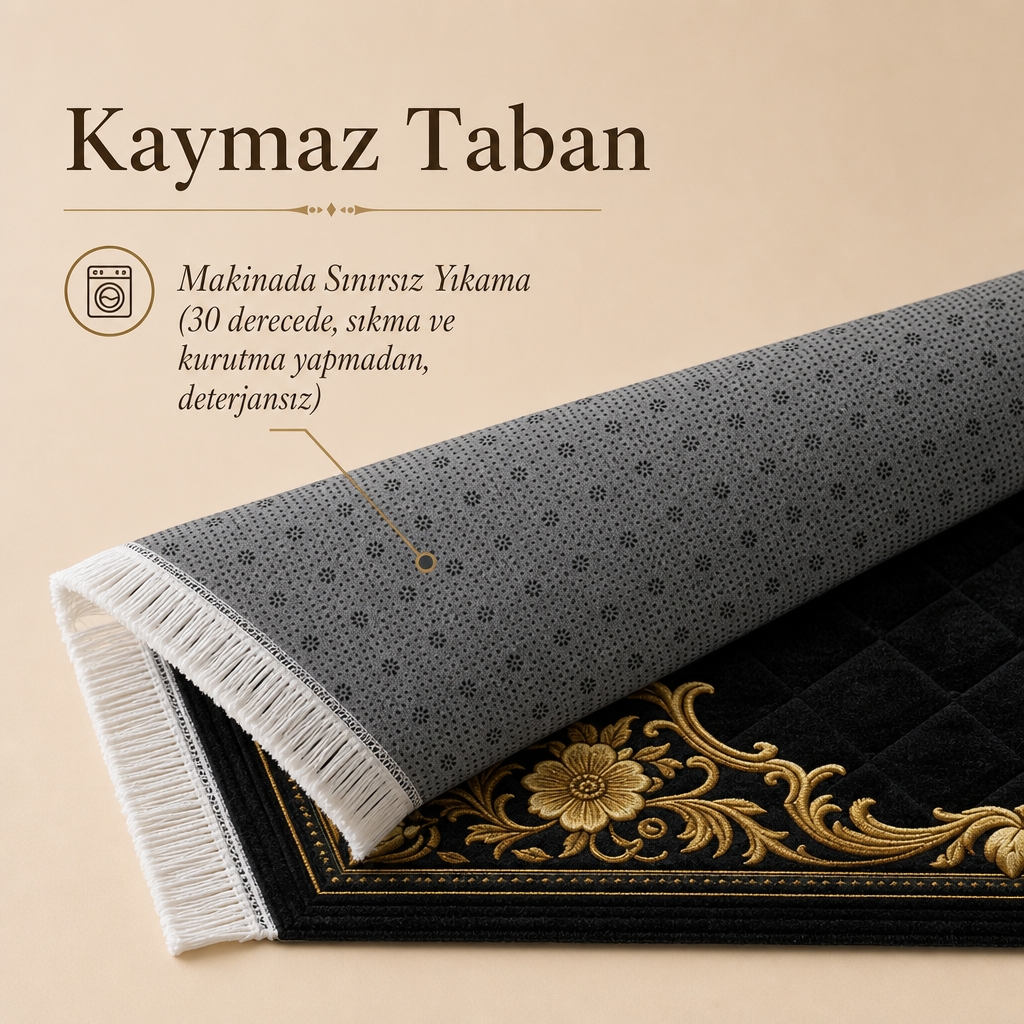 Kapitone Mihrab Siyah Seccade | Lüks Kadife Namaz Halısı