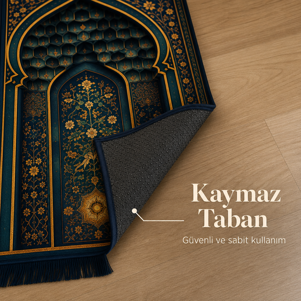 Mukarnas Mihrab Lacivert Seccade | Lüks Kadife Namaz Halısı
