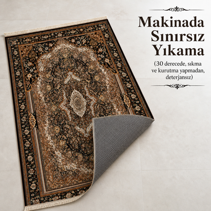 Antika Madalyon Kahve Seccade | Dijital Baskılı Klasik İpek Namaz Halısı