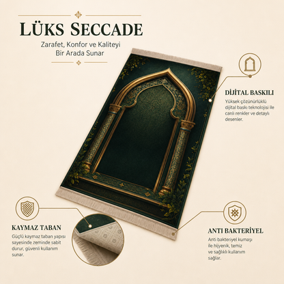 Cennet Bahçesi Mihrab Yeşil Seccade | Lüks Kadife Namaz Halısı