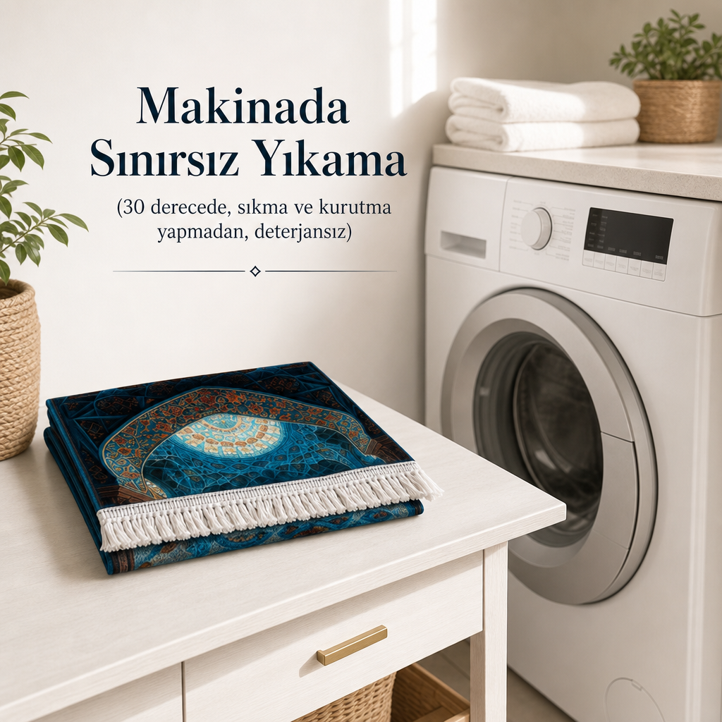 Kubbe Mihrab Mavi 3D Seccade | Dijital Baskılı Namaz Halısı