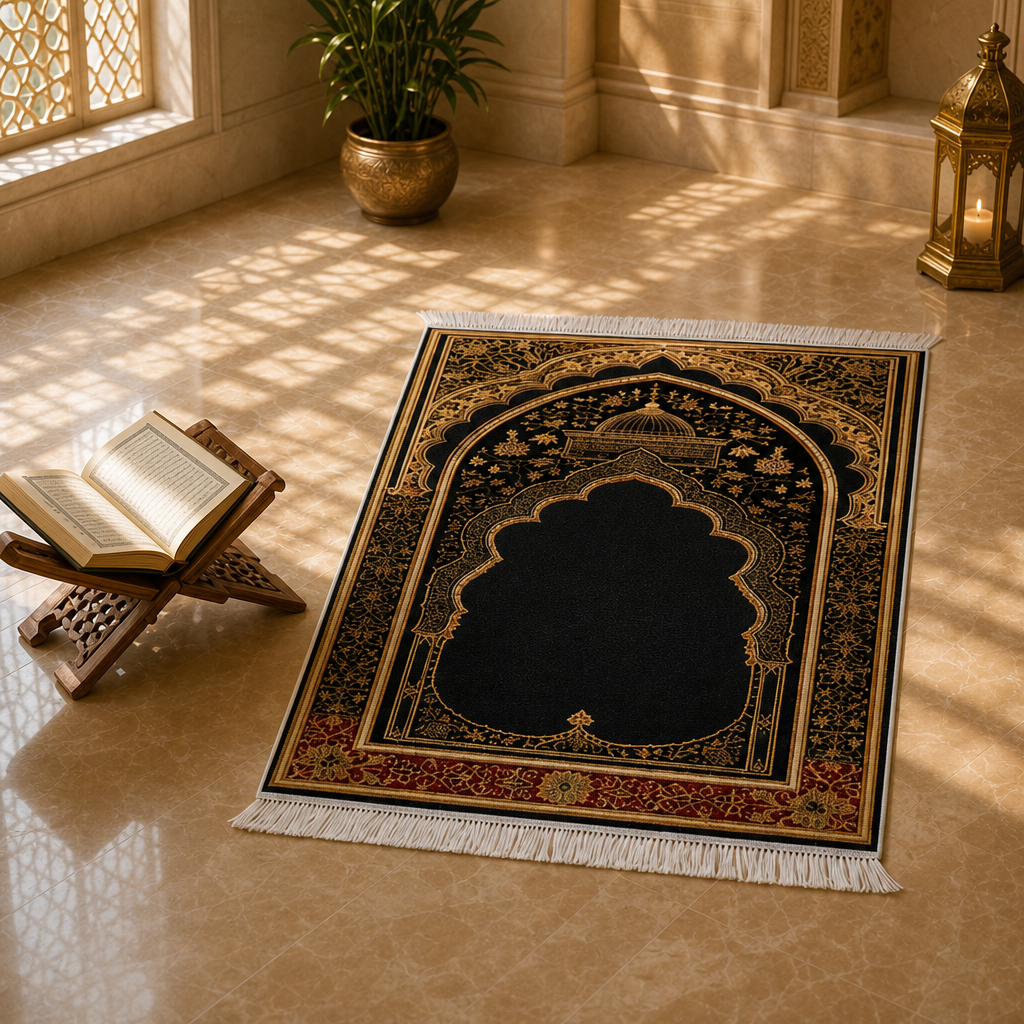Bordo Mihrab Siyah Seccade | Klasik Dokuma Desenli Namaz Halısı