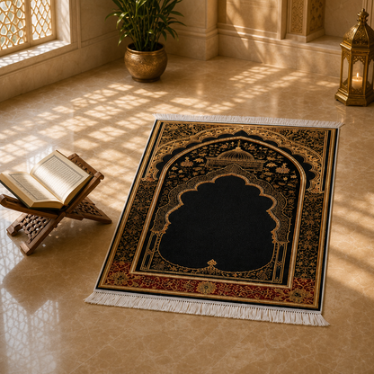 Bordo Mihrab Siyah Seccade | Klasik Dokuma Desenli Namaz Halısı