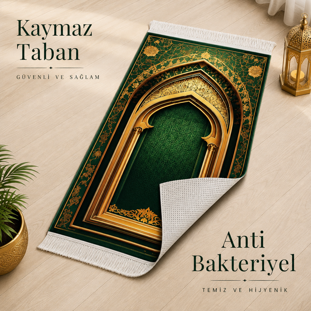 Firdevs Mihrab Yeşil Seccade | Lüks Kadife Namaz Halısı