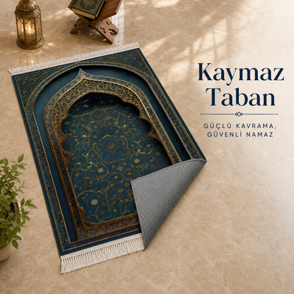Sırma Mihrab Petrol Mavisi Seccade | Lüks Kadife Namaz Halısı