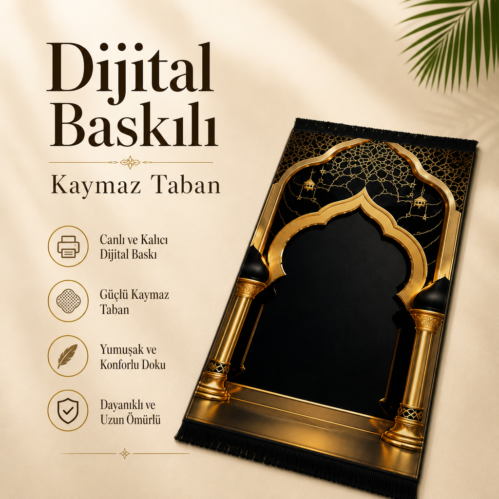 Altın Sütun Mihrab Siyah Seccade | Lüks Kadife Namaz Halısı