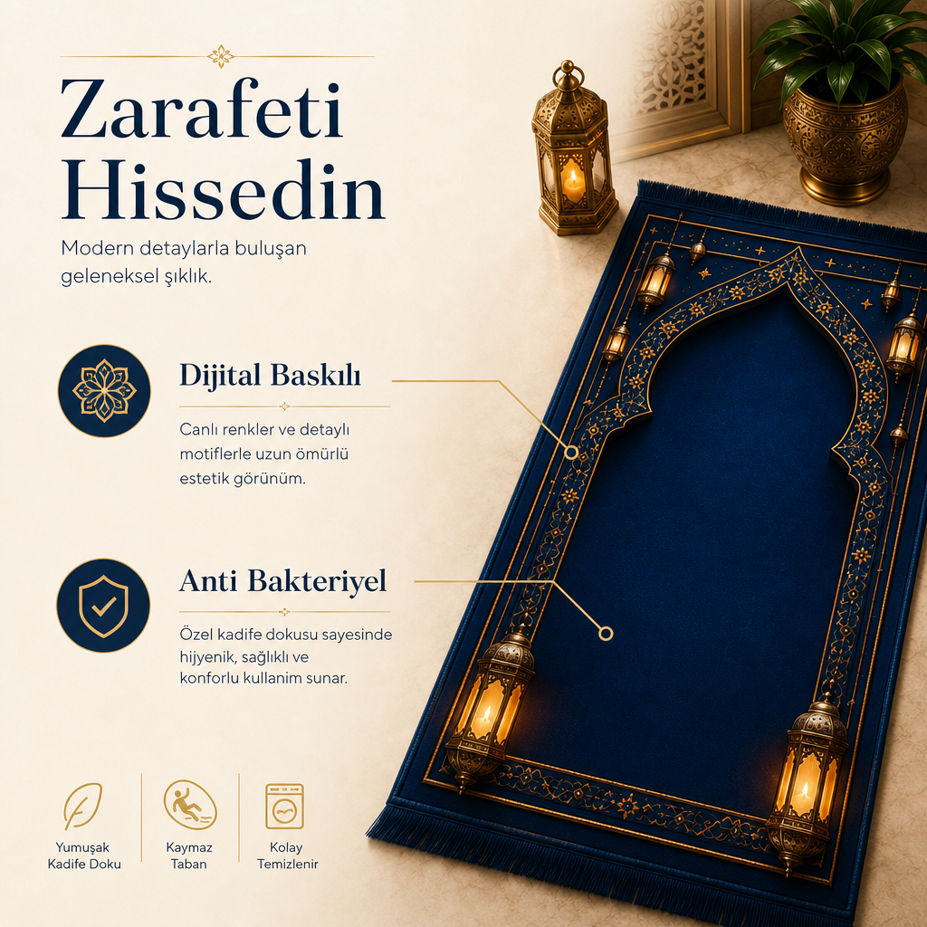 Kandil Mihrab Lacivert Seccade | Lüks Kadife Namaz Halısı