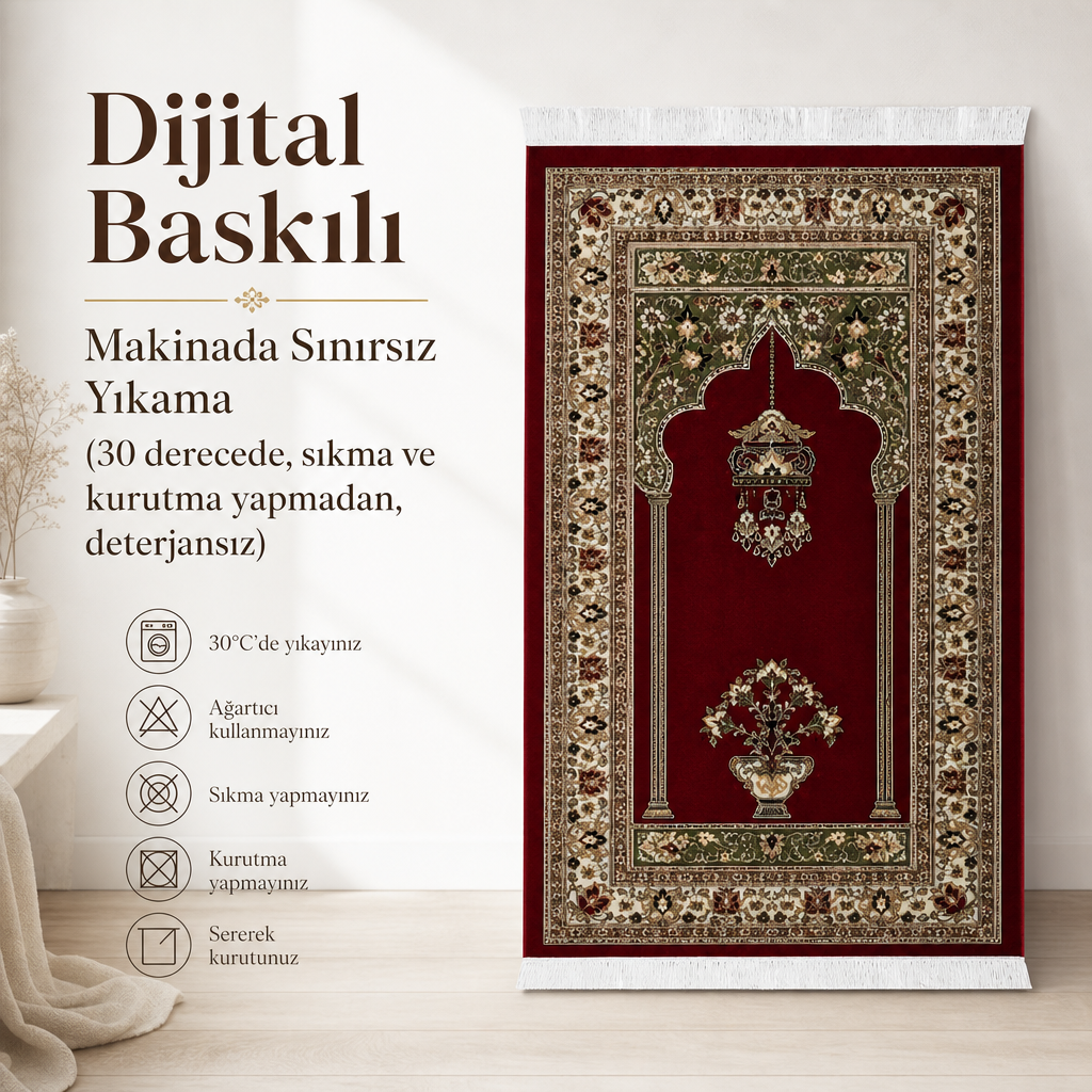 Osmanlı Mihrab Bordo Seccade | Dijital Baskılı Klasik Namaz Halısı