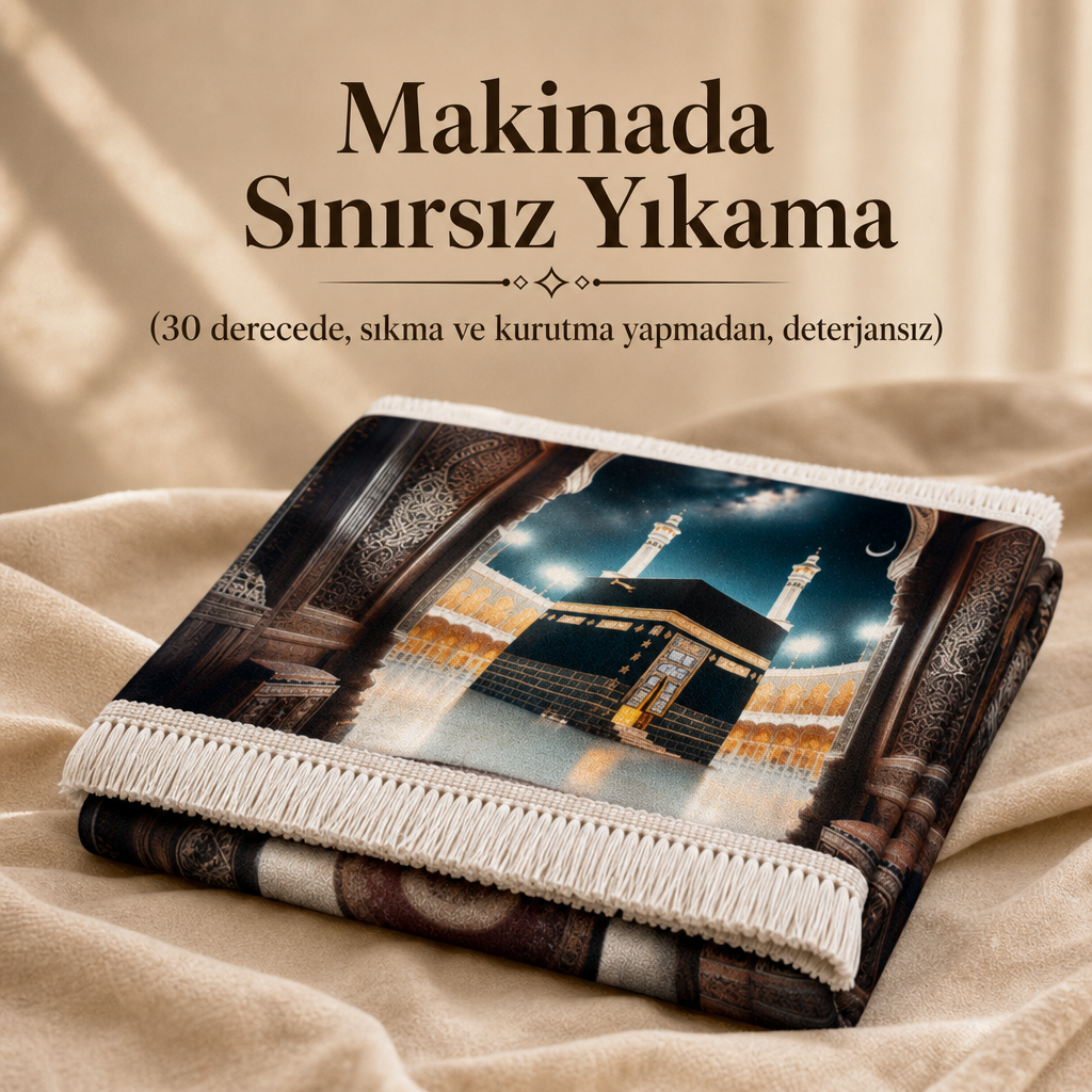 Kâbe Manzaralı 3D Seccade | Dijital Baskılı Lüks Namaz Halısı