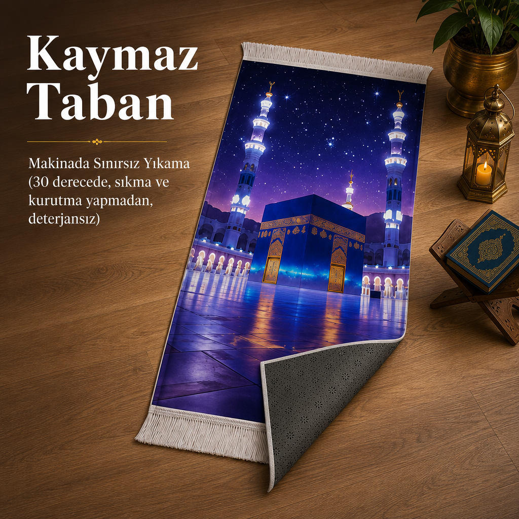 Yıldızlı Kâbe Manzaralı 3D Seccade | Dijital Baskılı Namaz Halısı