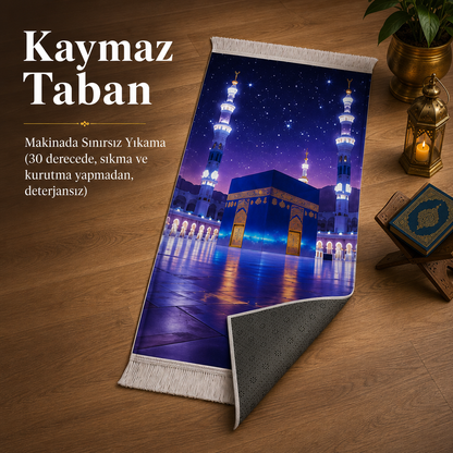 Yıldızlı Kâbe Manzaralı 3D Seccade | Dijital Baskılı Namaz Halısı