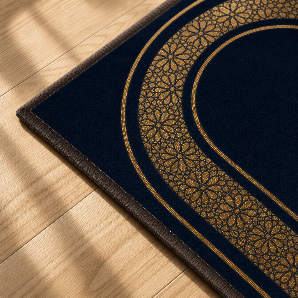 Altın Mihrab Lacivert Seccade | Dijital Baskılı Namaz Halısı