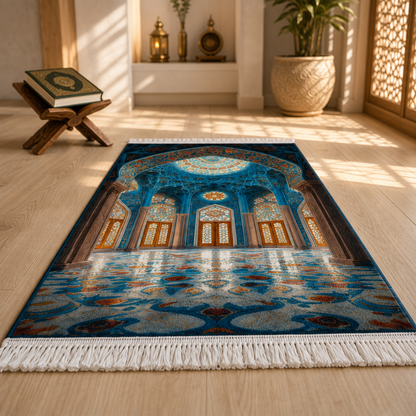 Kubbe Mihrab Mavi 3D Seccade | Dijital Baskılı Namaz Halısı