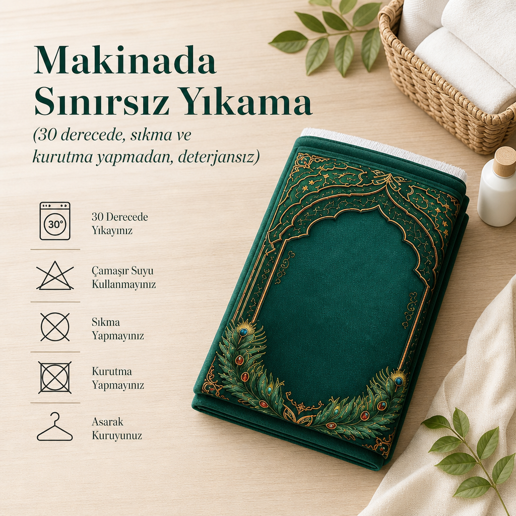 Tavus Mihrab Yeşil Seccade | Lüks Kadife Namaz Halısı