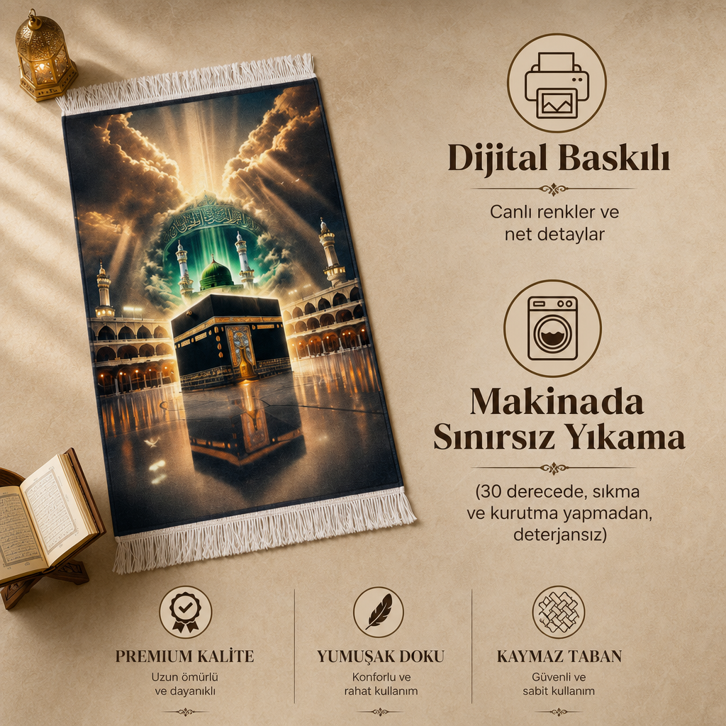 Kâbe ve Ravza Nur Manzaralı 3D Seccade | Dijital Baskılı Namaz Halısı
