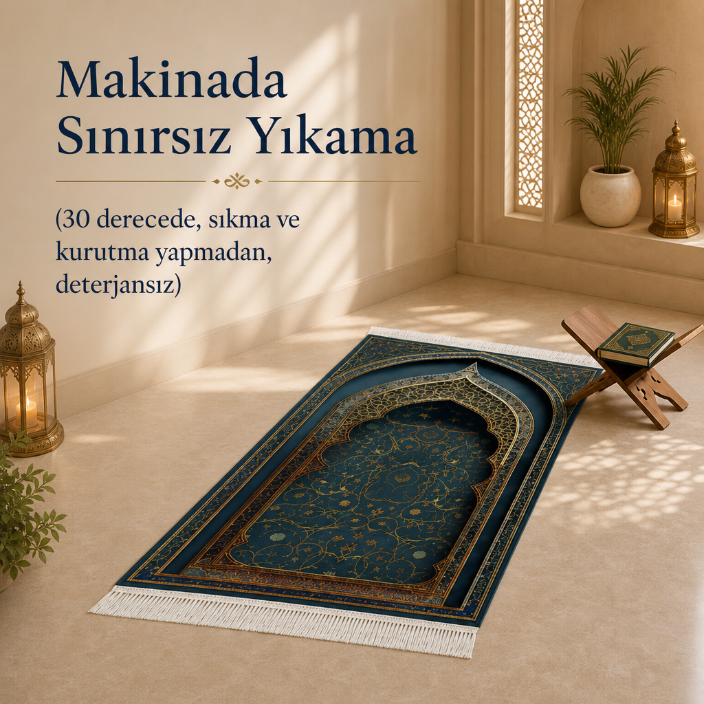 Sırma Mihrab Petrol Mavisi Seccade | Lüks Kadife Namaz Halısı