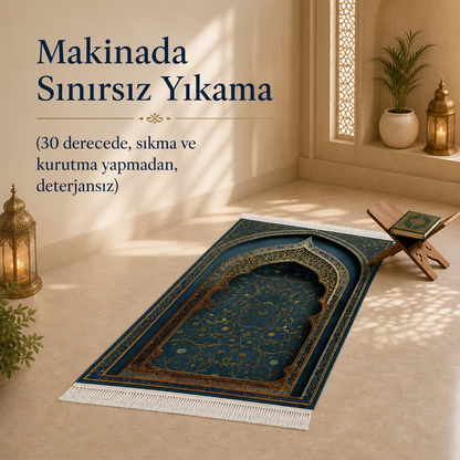 Sırma Mihrab Petrol Mavisi Seccade | Lüks Kadife Namaz Halısı